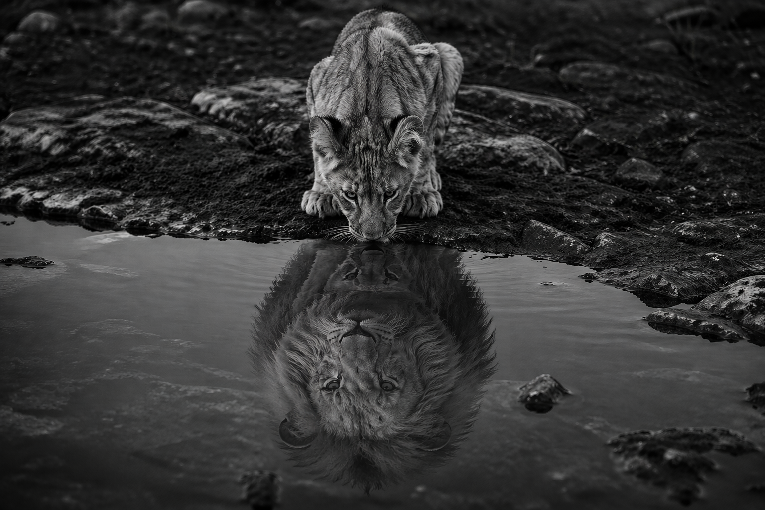Leão monocromático refletido na água
