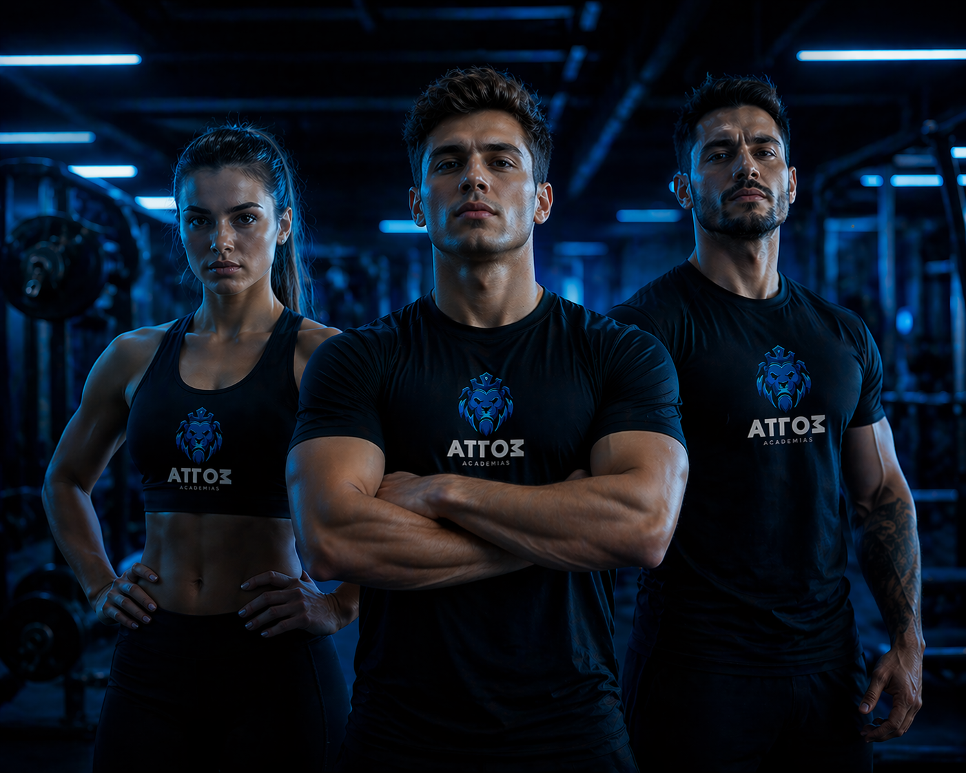 Equipe ATTOM em pose poderosa na academia